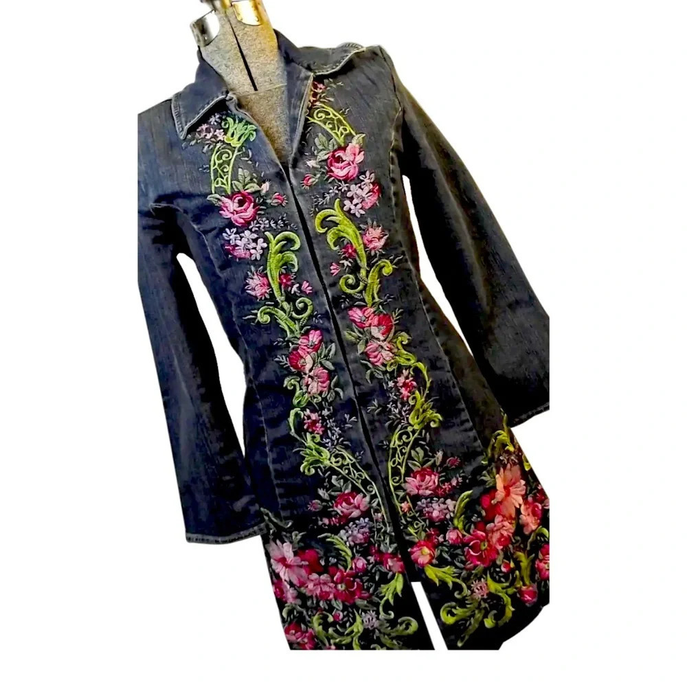 Vintage 1990 live a little embroidered long denim jacket